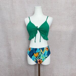 Cupshe Emerald Green Ruffle Padded Top & Tropical Floral High Waisted Bottoms